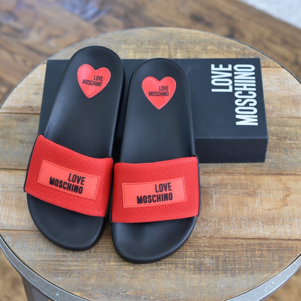 New Love Moschino  Women’s Black & Red Mesh Slides USA Size: 5 / 38